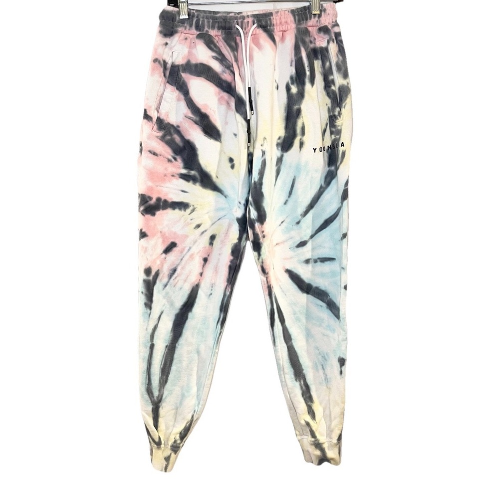 YoungLA Size‎ S Joggers Tie Dye Rainbow White Sweatpants Drawstring Pockets Cozy